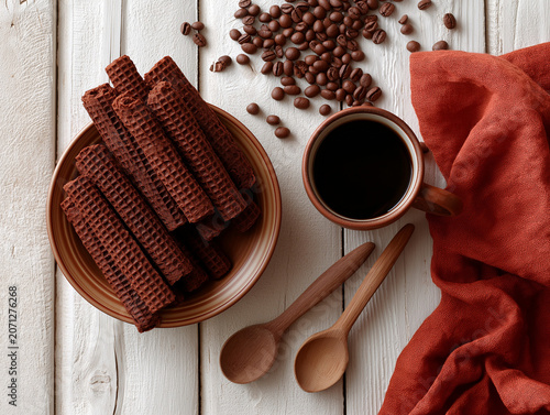 Warm coffee and chocolate wafers rest on rustic wood. Spilled coffee beans add a cozy, earthy charm. Soft-toned spoons sit ready for a sweet sip. Earth-toned cloth drapes beside a ceramic mug