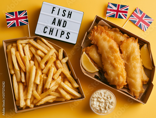 Golden fish and chips with tartar sauce and lemon wedges. British flags flutter beside a classic sign. Bright yellow background enhances vibrant food appeal. Perfect for food, travel