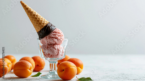 Sweet dessert with apricot ice cream in waffle cone. Glass bowl holds pink, chocolate-swirled scoop. Fresh apricots sit around, adding vibrant color. Soft light highlights creamy texture