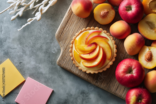 Fresh peach tart rests on a wooden board. Plump apples and halved peaches surround the tart. Pastel sticky notes add a whimsical touch. Sleek gray surface provides clean contrast