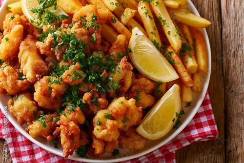 Golden fried fish nuggets sit beside crispy fries. Lemon wedges and parsley add freshness and color. Red-and-white checkered napkin beneath the plate. Wooden surface adds rustic, warm atmosphere
