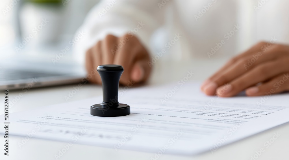 Fototapeta premium Black stamp on white paper document with hands in background