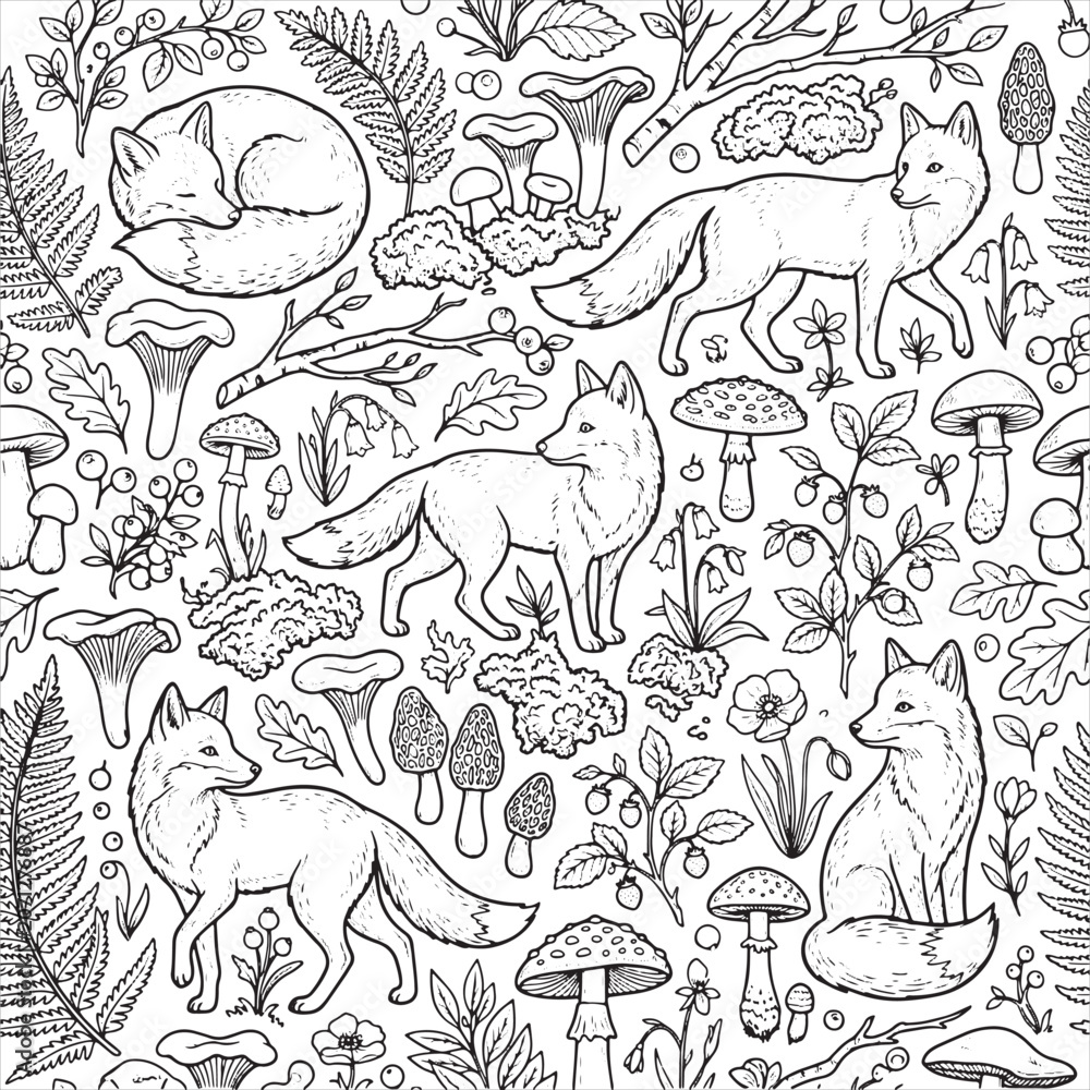 Obraz premium Woodland Forest Floor Line Art Seamless Pattern with Foxes and Mushrooms