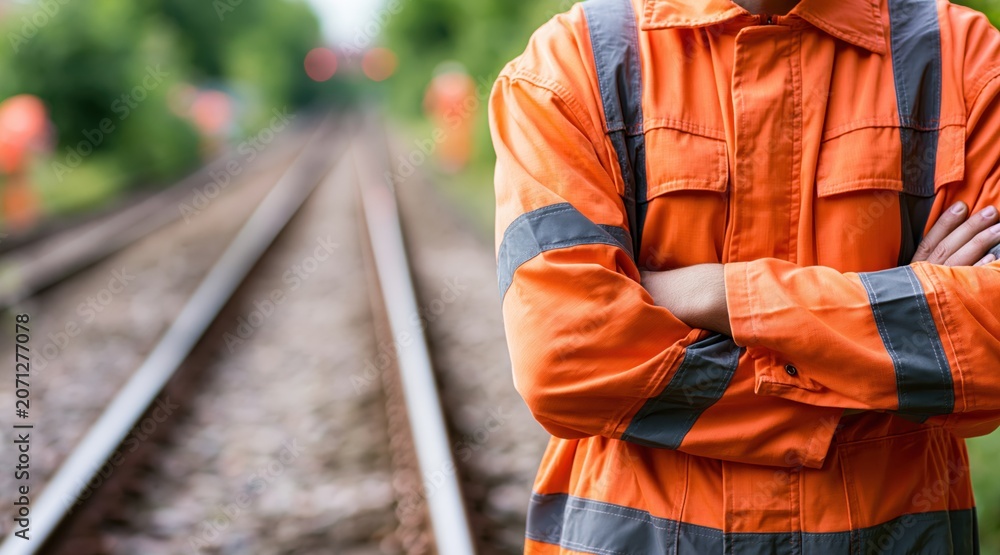 Fototapeta premium Railway worker in orange high visibility clothing standing near tracks with crossed arms