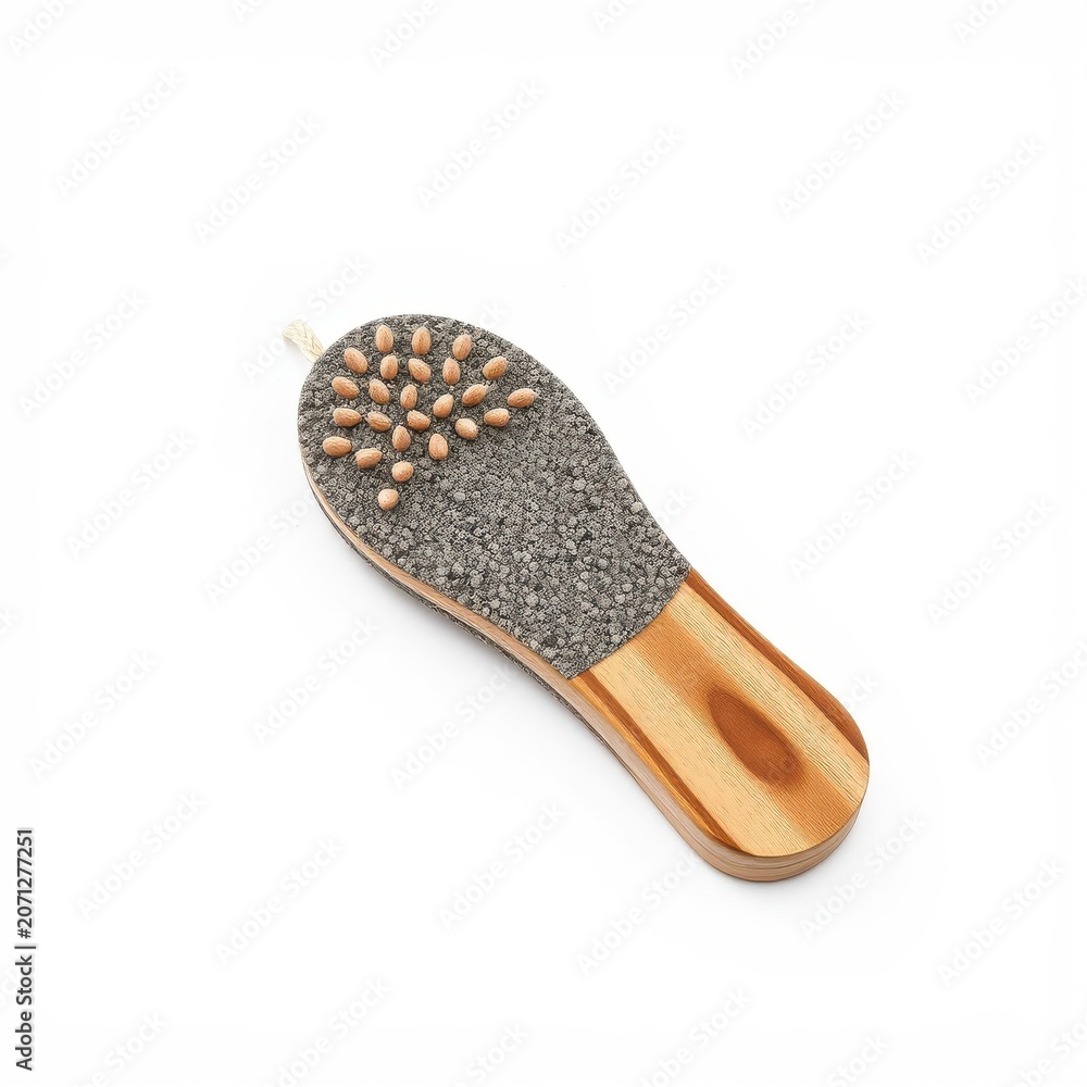 Fototapeta premium Wooden foot file, gray abrasive surface. Small seeds scattered atop, minimalist design, clean background. Simple tool for skincare.