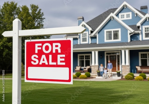 For sale real estate sign in front of a blue suburban house