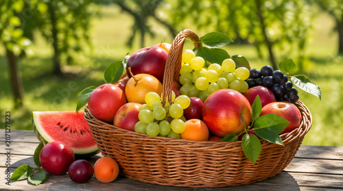 Fresh harvested seasonal fruit assortment in a wicker basket placed on a rustic wooden table in a sunny orchard garden