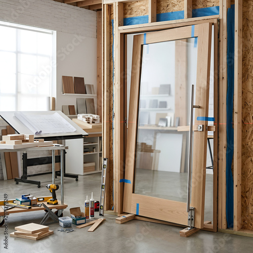 Professional Wooden Door Installation Process in a Modern Carpentry Studio Construction Site