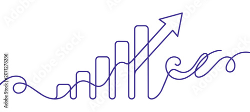 Continuous one line art drawing of business growth bar chart with upward trend arrow