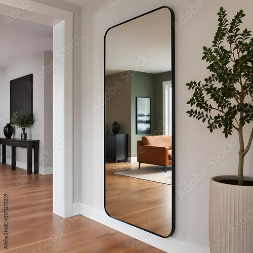 Modern Full Length Floor Mirror with Minimalist Black Frame in a Spacious Contemporary Hallway Interior Design