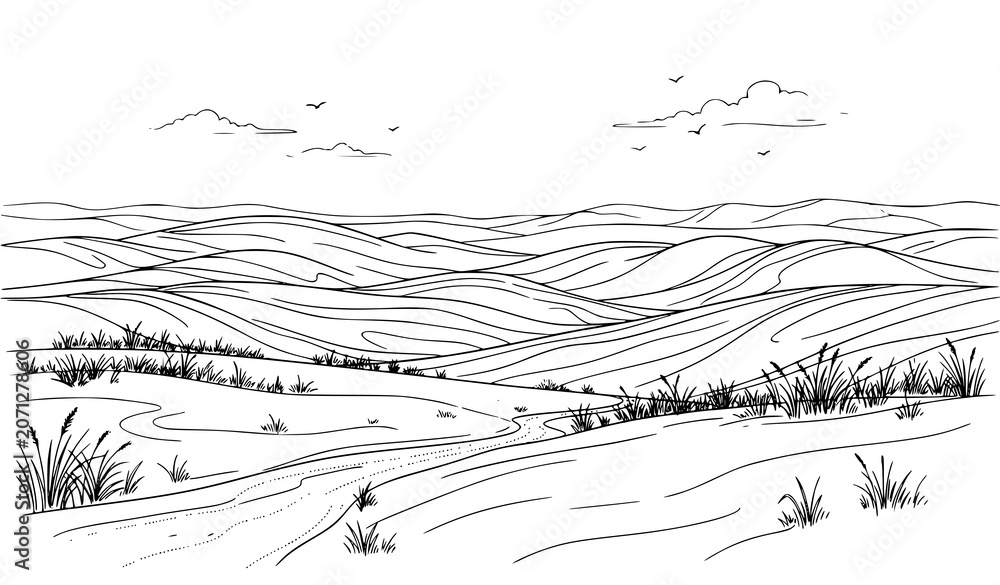 Obraz premium Minimalist Meadow and Grassland Hills Countryside Panorama Vector Line Art Landscape