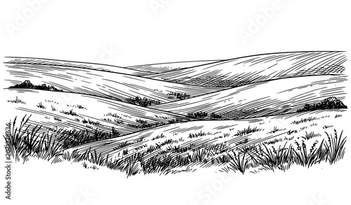 Quadro su tela Green Grass Field on Rolling Hills Rural Countryside Pasture Panorama Vector Ske