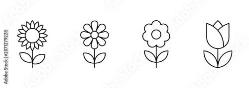 Canvastavla Flower Line Icon Set – Sunflower, Daisy, Tulip, Blossom Outline Vector Symbols Bundle