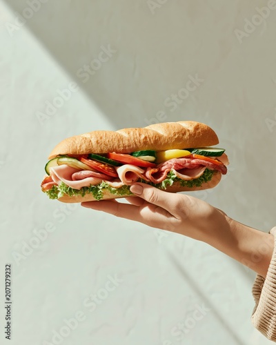 Freshly made sub sandwich with ham, cheese, lettuce, tomato, and cucumber held by hand