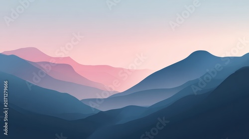 Soft pink sunrise illuminates layered mountain silhouettes in a peaceful minimalist landscape designed with dreamy atmospheric gradients.