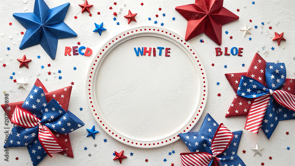 Obraz premium Patriotic 4th of July Flat Lay with White Plate Copy Space and Red, White, and Blue Star Decorations