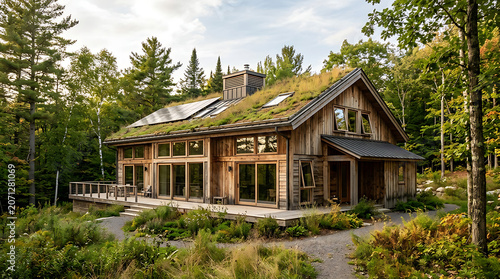Eco friendly modern house, green roof, sustainable architecture, wood cabin, forest retreat