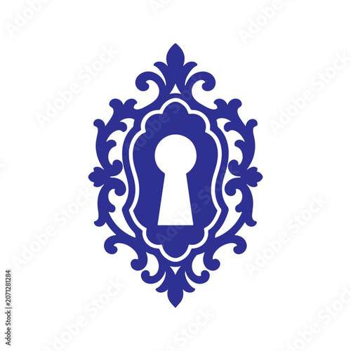 Dark blue Ornate baroque keyhole silhouette icon vector illustration on white background.