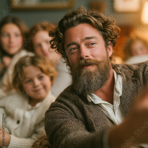 Warm, rustic portrait of a bearded man with curly hair. Children smile softly in the background, blurred and cozy. He wears a textured sweater over a collared shirt