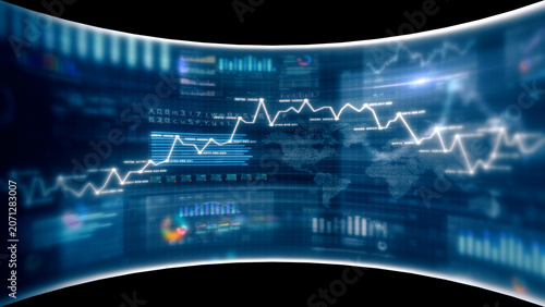 Global financial data visualization, stock market analytics, world map with rising growth chart, big data technology, digital economy, fintech trading interface, futuristic business background