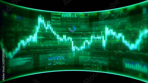 Global financial data visualization, stock market analytics, world map with rising growth chart, big data technology, digital economy, fintech trading interface, futuristic business background
