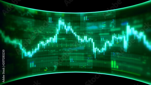 Global financial data visualization, stock market analytics, world map with rising growth chart, big data technology, digital economy, fintech trading interface, futuristic business background
