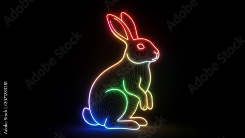 Neon Rabbit Silhouette Glowing Rainbow Colors