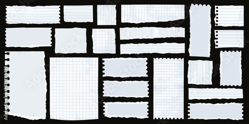 Torn notebook paper pieces with grid lines a collection on black background scraps ripped fragmented
