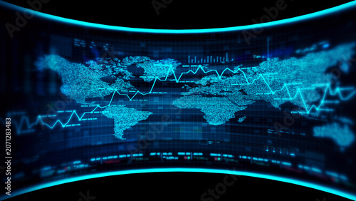 Global financial data visualization, stock market analytics, world map with rising growth chart, big data technology, digital economy, fintech trading interface, futuristic business background