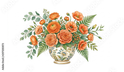 Bild auf Leinwand Orange Flower and Leaves Clip Art with Floral Vase Botanical Illustration Collec