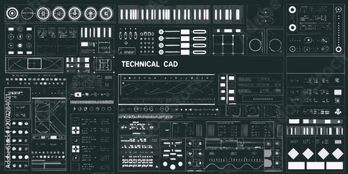 Canvastavla Technical cad elements in dark teal blueprint style vector illustration design w