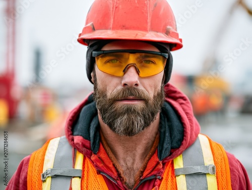 Construction Worker in Safety Gear with Helmet and Safety Glasses