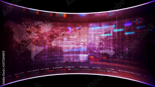Global financial data visualization, stock market analytics, world map with rising growth chart, big data technology, digital economy, fintech trading interface, futuristic business background