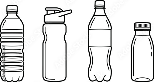 Plastic water bottle vector icon set with reusable sports shaker and beverage container linear art illustrations