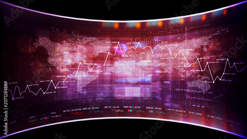 Global financial data visualization, stock market analytics, world map with rising growth chart, big data technology, digital economy, fintech trading interface, futuristic business background