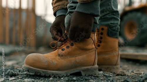 Worker Tying Safety Boots Before Starting Job on Construction Site