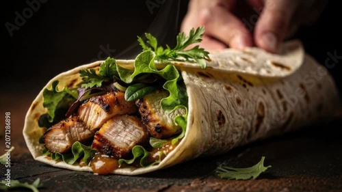 Delicious grilled chicken wrap with fresh lettuce and herbs in a soft tortilla roll
