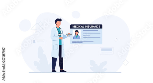 Doctor Presenting Medical Insurance Card, Healthcare Concept, Vector Illustration