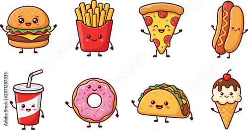Tableau sur toile Collection of cute kawaii fast food mascot characters featuring burger, pizza, t