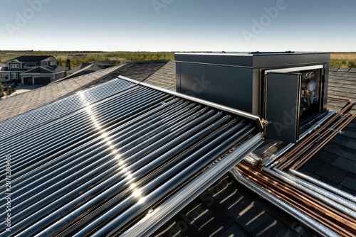 Solar water heating system with evacuated tubes on a residential roof