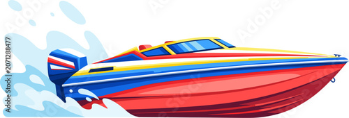 Colorful high-speed motorboat cruising fast and creating water splashes in the ocean