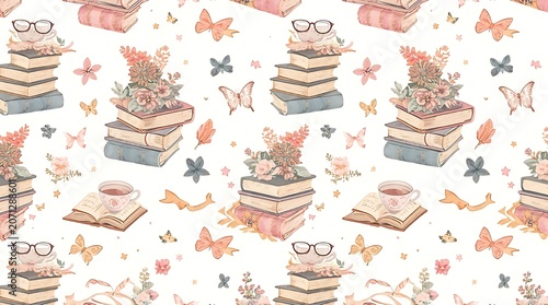 Seamless repeating pattern of stacked books, open books, reading glasses, tea cups, flowers, butterflies, ribbons, stars, and cozy reading elements.