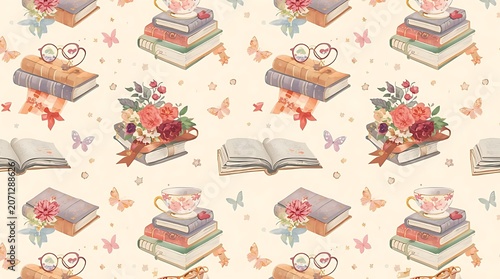 Seamless repeating pattern of stacked books, open books, reading glasses, tea cups, flowers, butterflies, ribbons, stars, and cozy reading elements.