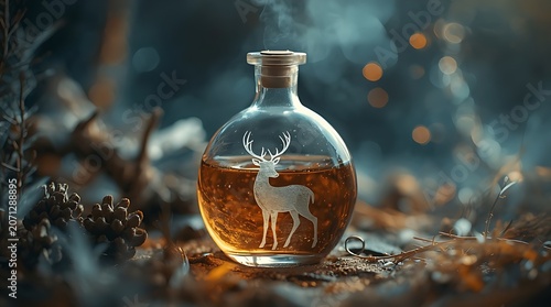 a surreal and vibrant cinematic photo of a delicate glass flask with an intricately designed deer etched onto its surface.
