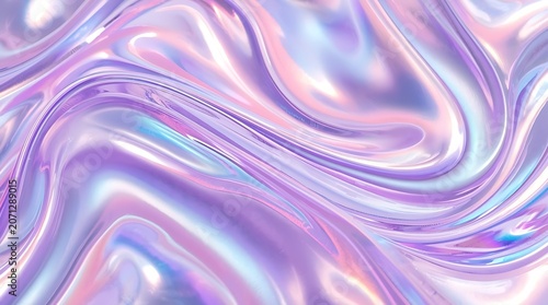 Abstract holographic liquid metal waves, iridescent pastel purple and pink colors, smooth flowing 3D texture.