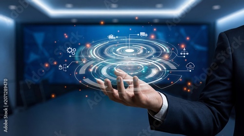 Business technology concept showing connected digital ecosystems, global networks, data exchange systems, and enterprise connectivity solutions.