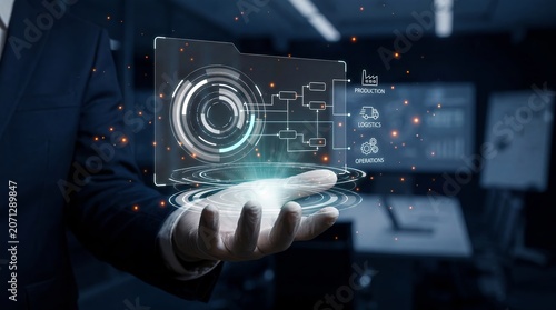 Advanced technology illustration featuring AI-powered interface, digital networks, virtual systems, cloud infrastructure, and next-generation business technology.