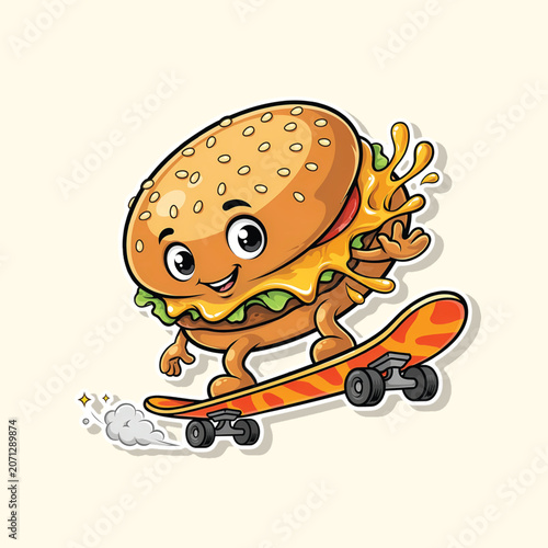 Fast Food Burger Character Skateboarding Vector Art