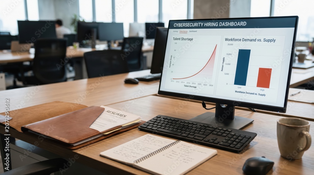 Fototapeta premium Cybersecurity Hiring Recruitment concept. Office desk with computer showing analytics dashboard and notebooks