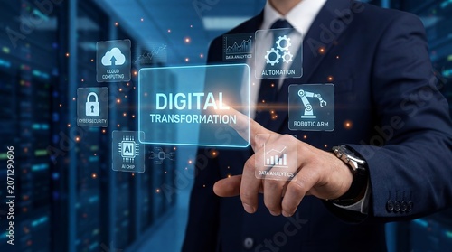 Corporate transformation concept featuring futuristic digital interface, automation systems, innovation strategy, and enterprise modernization technologies.